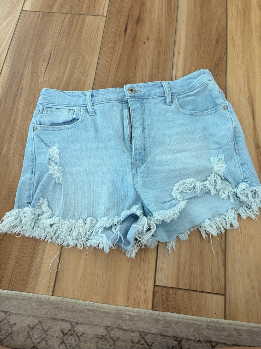 Celebrity Pink Light Blue Distressed Frayed Hem Denim Shorts